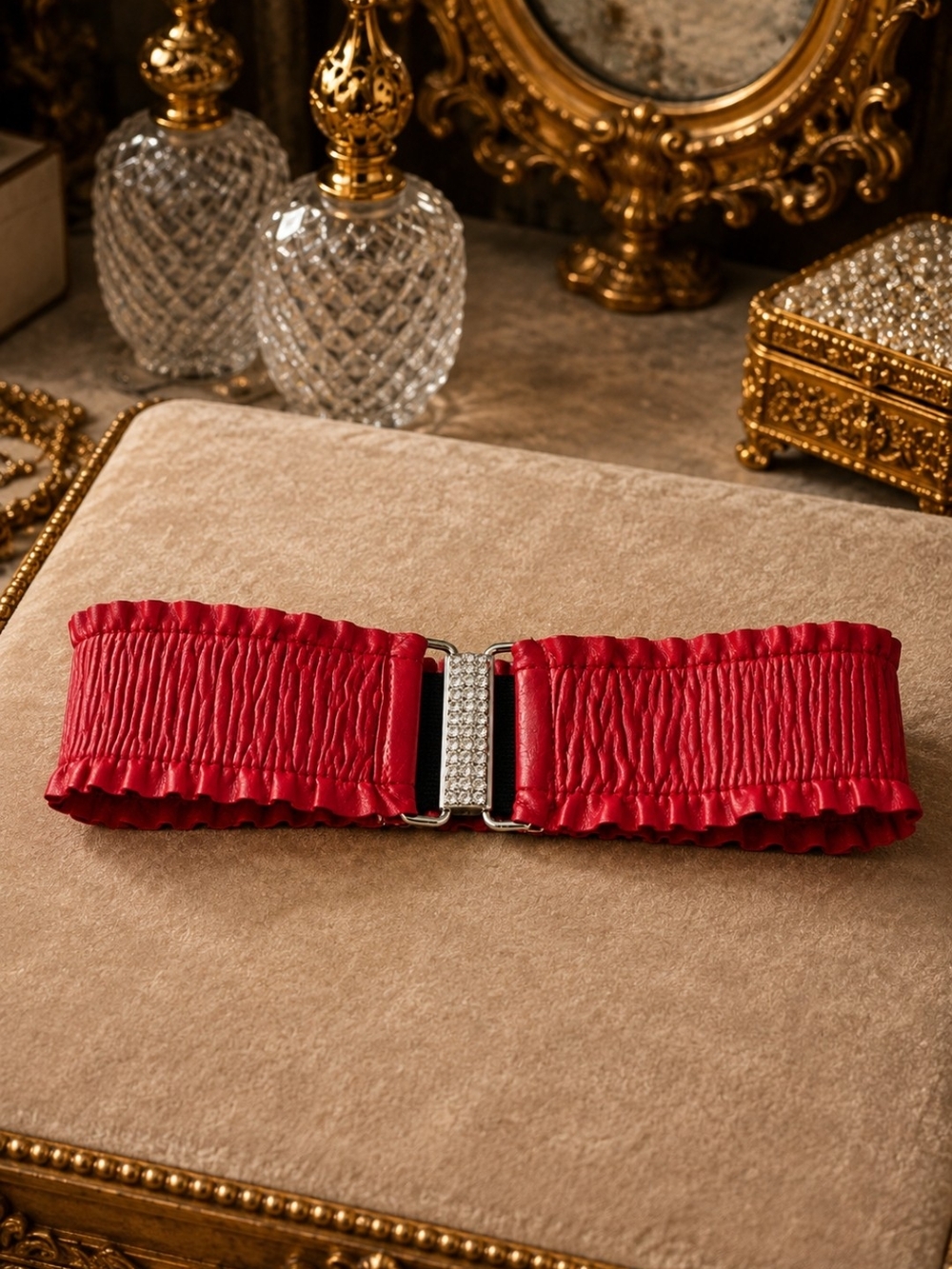 Vintage 80s Red Leather & Stretch Waist Belt Rhinestone Buckle Glam 30–34"